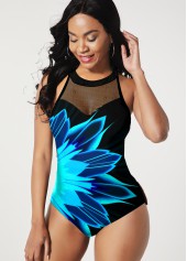 Floral Print Mesh Stitching Blue One Piece Swimwear