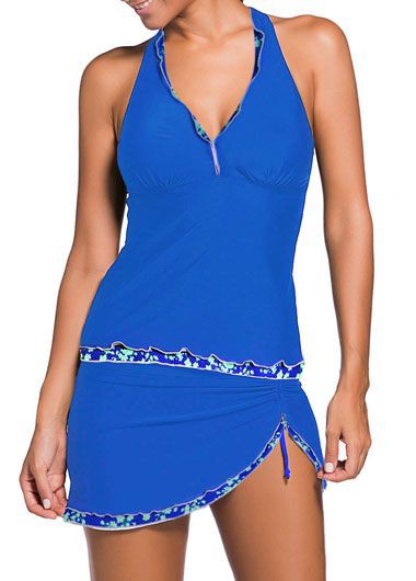 Rosewe Women Royal Blue Open Back Halter Neck Swimdress Bathing Suit Halter Neck Mid Waist Royal Blue Tankini Set - XL