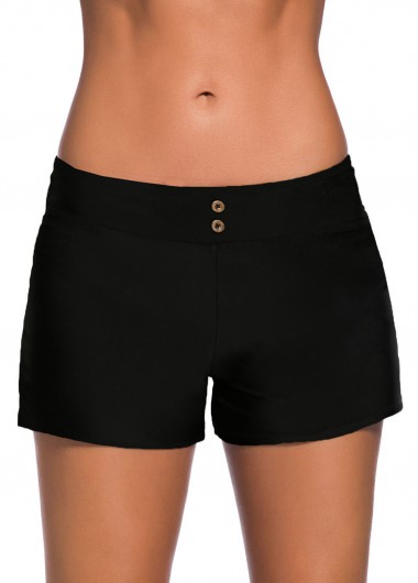 Women&apos;S Black Band Waist Swimwear Short Solid Color Mid Waist Swimsuit Shorts By Rosewe - 5XL