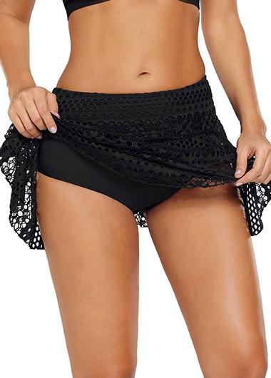 Women&apos;S Crochet Mid Waist Pantskirt Black Pierced Mesh Swimwear Pantskirt  By Rosewe - XXL