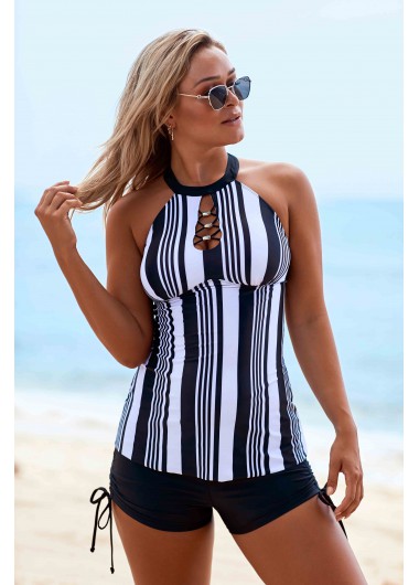 Women&apos;S Color Block Pierced Tie Side Striped Open Back Tankini Swimsuit Two Piece Padded Wire Free Bathing Suit By Rosewe - 8