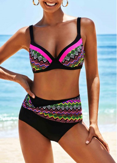 Rosewe Spaghetti Strap Black Tribal Print Bikini Set - 12