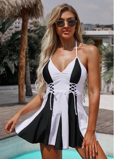 Rosewe Color Block Halter Spaghetti Strap Swimdress and Shorts - 18