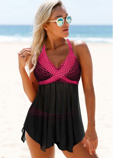 Rosewe Polka Dot Print Mesh Panel Rose Red Swimdress and Panty - 16