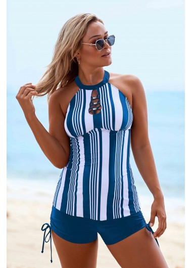 Rosewe Drawstring Side Cutout Neck Stripe Print Tankini Set - 8