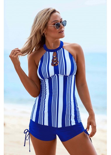 Rosewe Cutout Neck Stripe Print Drawstring Side Tankini Set - 14