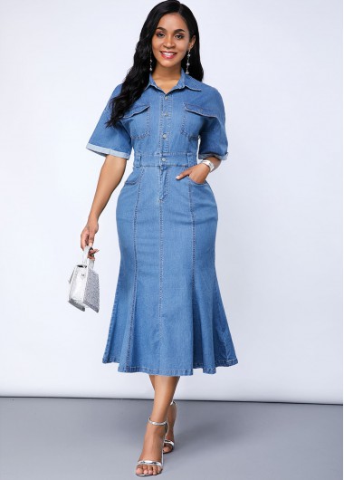 Rosewe Cocktail Party Dress Cutout Back Button Up Denim Pocket Dress - M