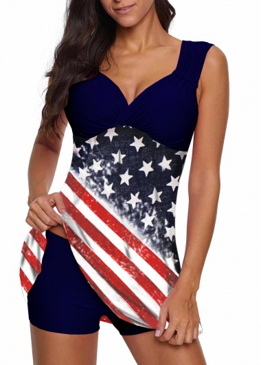 Rosewe American Flag Print Wide Strap Swimdress and Shorts - M
