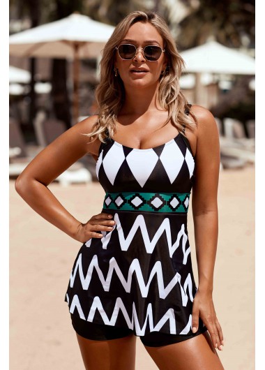 Rosewe Geometric Print Spaghetti Strap Tankini Set - M