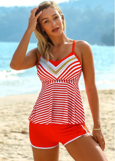 Rosewe Cross Strap Striped Spaghetti Strap Tankini Set - L
