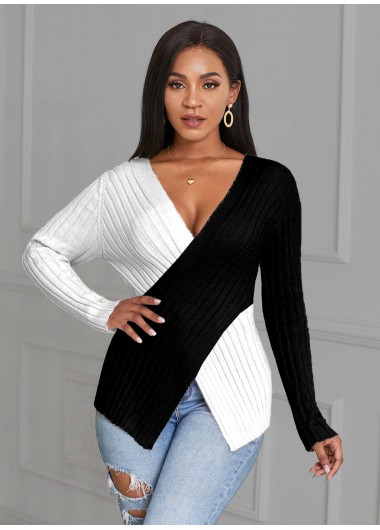 Rosewe Trendy Color Block Cross Front Asymmetric Hem Sweater - XL