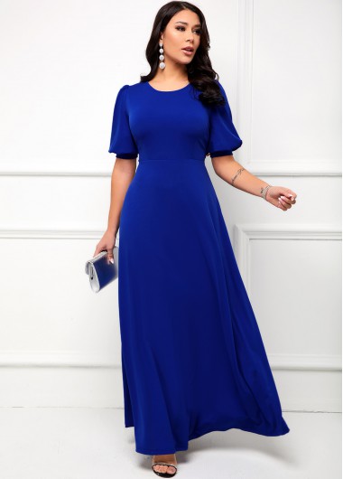 Rosewe Cocktail Party Dress Round Neck Puff Sleeve Maxi Dress - L