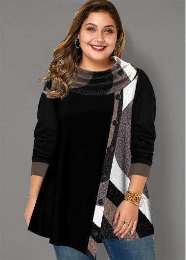 Rosewe Button Detail Contrast Asymmetric Hem Tunic Top - 3X