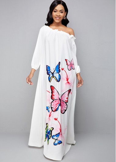 Rosewe Cocktail Party Dress Butterfly Print Long Sleeve Maxi Dress - M