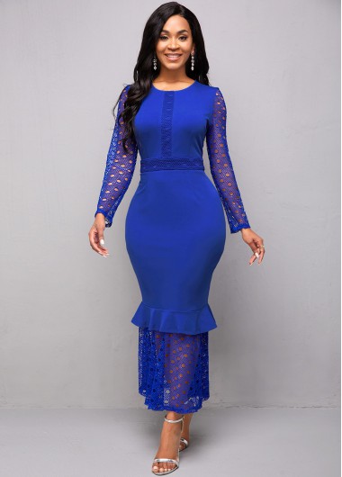 Rosewe Cocktail Party Dress Long Sleeve Lace Stitching Round Neck Mermaid Dress - L