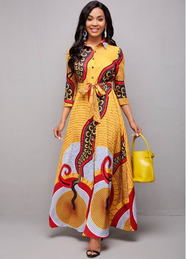 Rosewe Cocktail Party Dress Belted Tribal Print Turndown Collar Dress - S