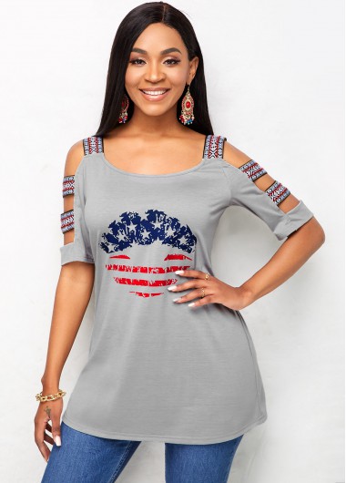 Rosewe American Flag Print Ladder Cutout Sleeve T Shirt - S