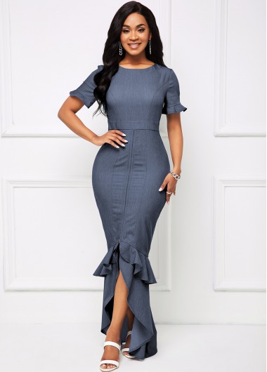 Rosewe Cocktail Party Dress Short Sleeve Flounce Round Neck Mermaid Dress - M