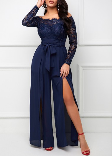 Rosewe Long Sleeve Lace Stitching Off Shoulder Jumpsuit - XL