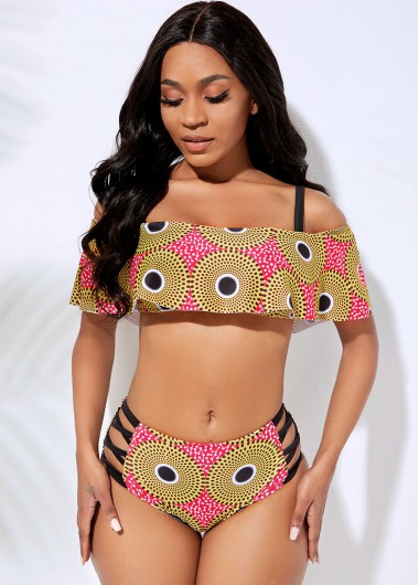 Rosewe Lace Up Strappy Cold Shoulder Printed Bikini Set - XL