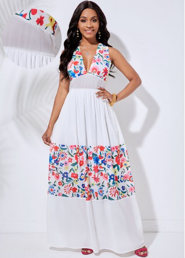 Rosewe Cocktail Party Dress Cutout Back V Neck Floral Print Dress - M