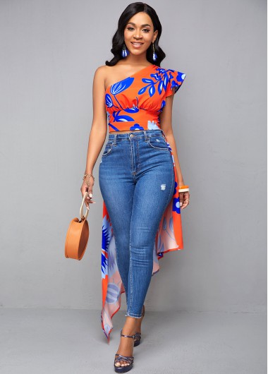 Rosewe Dip Hem Skew Neck Floral Print Blouse - XL