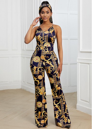 Rosewe Baroque Print Spaghetti Strap Flare Jumpsuit - L