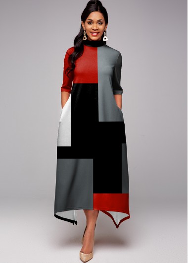 Rosewe Cocktail Party Dress Half Sleeve Contrast Pocket Maxi Dress - XXL