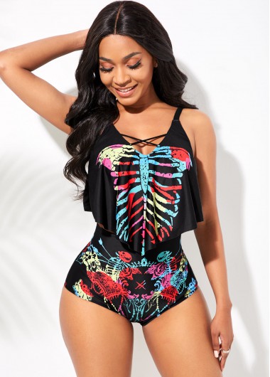 Rosewe Cutout Neck High Waist Skeleton Print Bikini Set - L