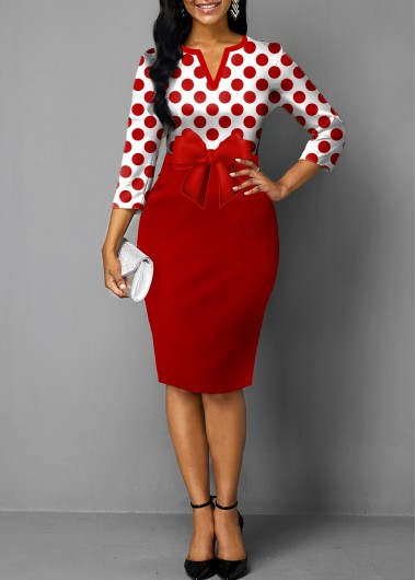 Rosewe Red Dresses Bowknot Red Polka Dot Split Neck Dress - S