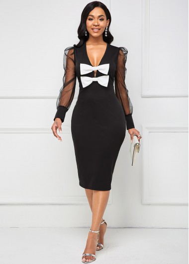 Rosewe Black Dresses V Neck Bowknot Mesh Long Sleeve Dress - S