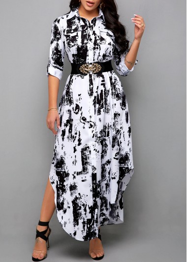 Rosewe Women Black And White Tie Dye Printed Belted Shirt Dress Long Sleeve Asymmertric Hem Casual Dress - XXL