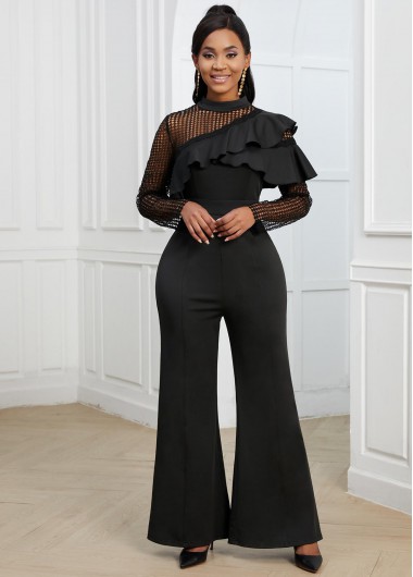 Rosewe Long Sleeve Flounce Lace Stitching Black Jumpsuit - S