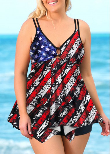 Rosewe American Flag Print Asymmetric Hem Plus Size Swimdress and Shorts - 2X