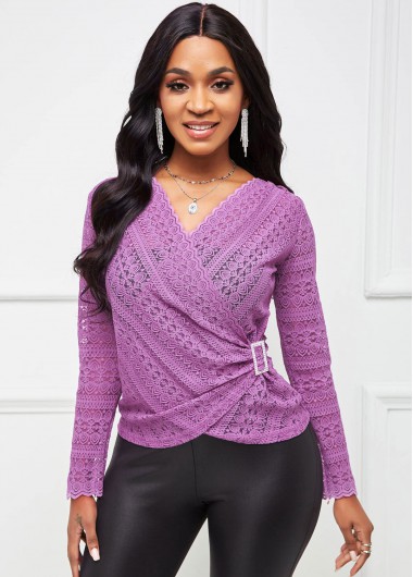 Rosewe Rhinestone Buckle Lace V Neck T Shirt - XL