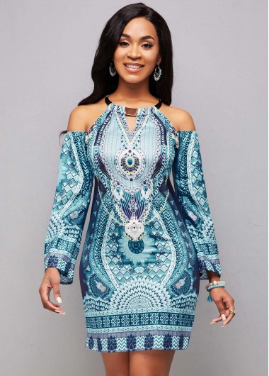 Rosewe Women Tribal Printed Long Sleeve Off The Shoulder Bib Neck Bodycon Mini Dress Halter Neck Cocktail Party Dress - 3XL