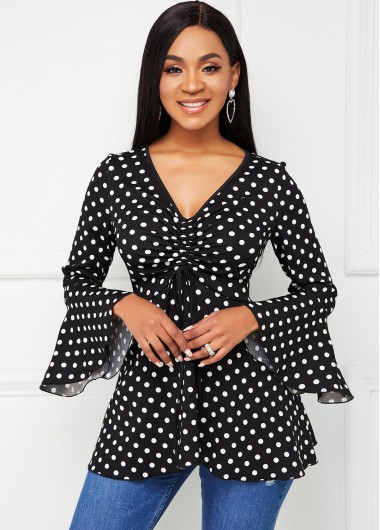 Rosewe Polka Dot Drawstring Front Flare Sleeve Tunic Top - XL