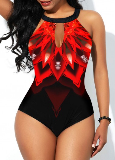 Rosewe Women Red Cutout Back One Piece Swimwear Keyhole Neckline Printed Padded Wire Free Bathing Suit Beach Swimsuit - S