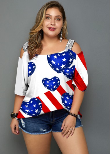 Rosewe American Flag Print Cold Shoulder Plus Size T Shirt - 3X