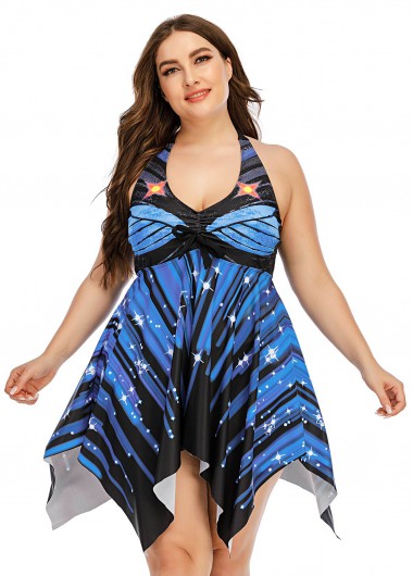 Rosewe Asymmetric Hem Printed Plus Size Swimdress and Panty - XL