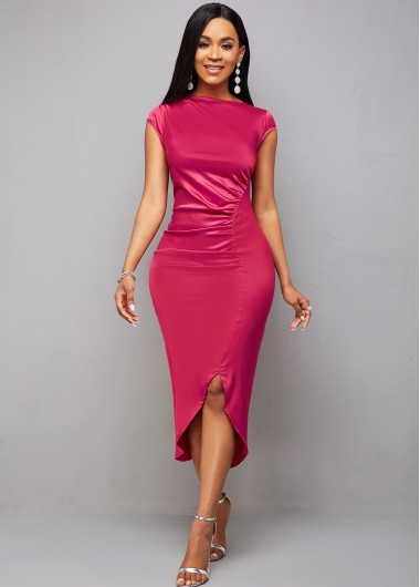 Rosewe Red Dresses Ruched Asymmetric Hem Cap Sleeve Bodycon Dress - XXL