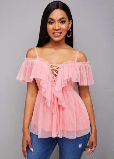 Rosewe Strappy Cold Shoulder Lace Up Blouse - S