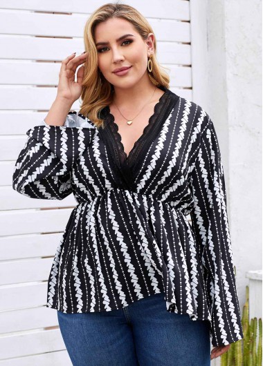 Rosewe Lace Trim Printed Plus Size Blouse - XL
