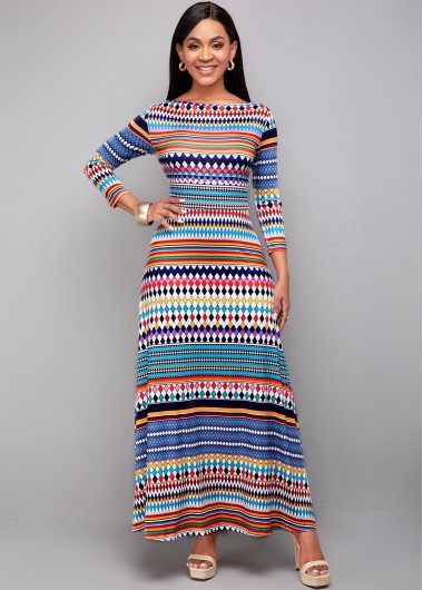 Rosewe Women Multicolor Bohemian Printed Long Sleeve High Waisted Maxi Casual Dress Boat Neck Beach Dress - XL