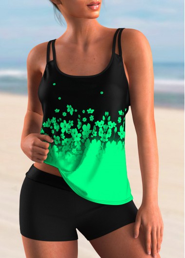 Rosewe Spaghetti Strap Ombre Floral Print Tankini Set - XXL