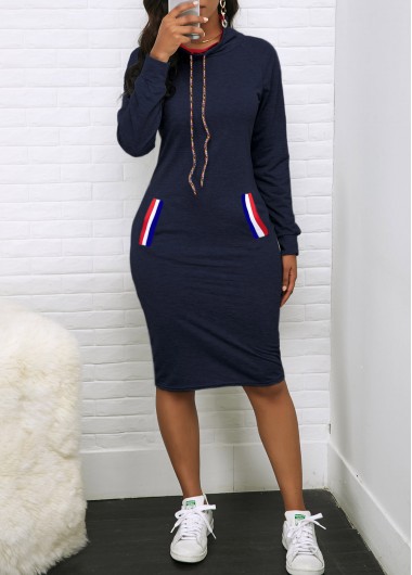 Rosewe Wedding Guest Dress Long Sleeve Pocket Drawstring Neck Dress - XL