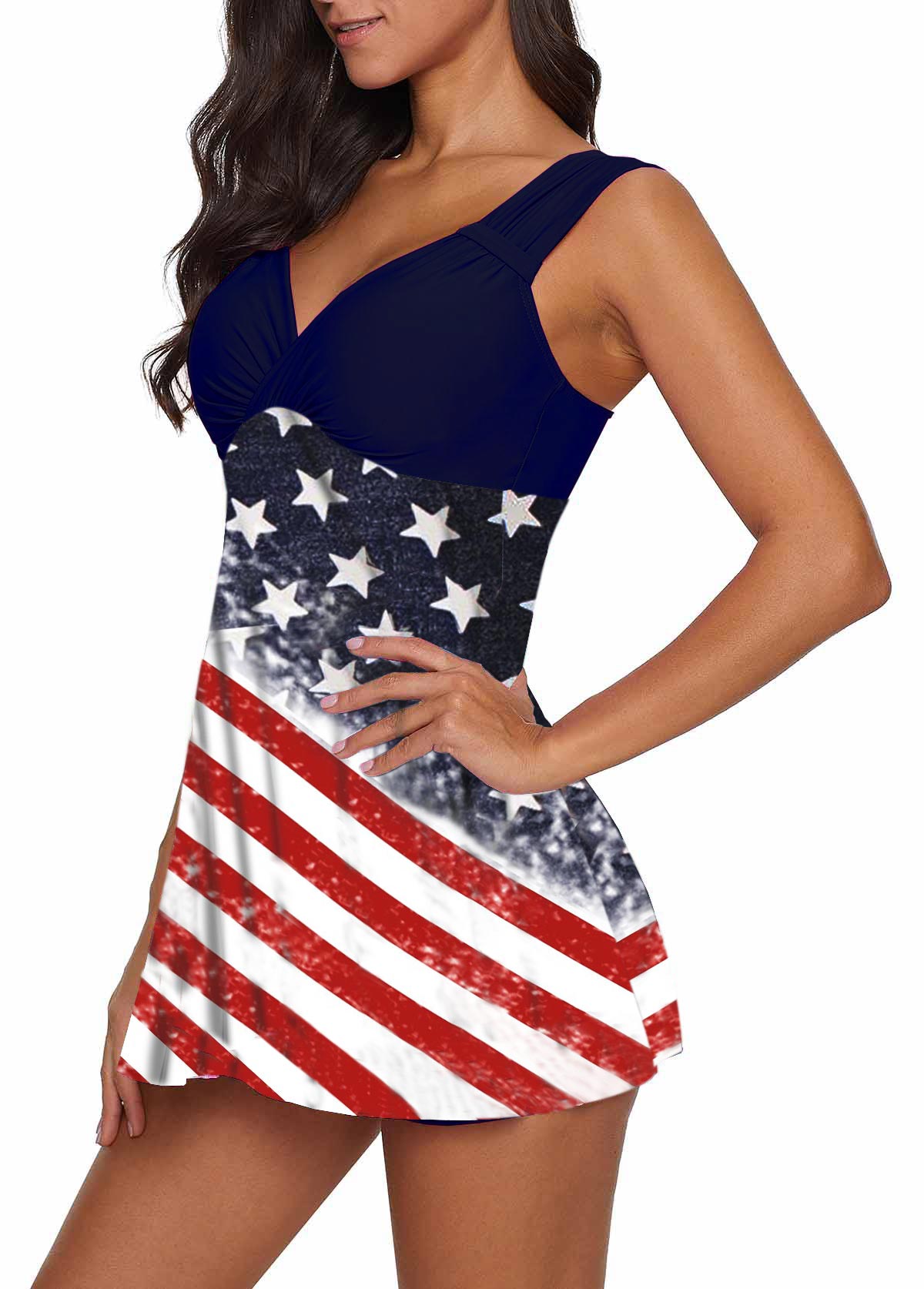American Flag Print Wide Strap Swimdress and Shorts