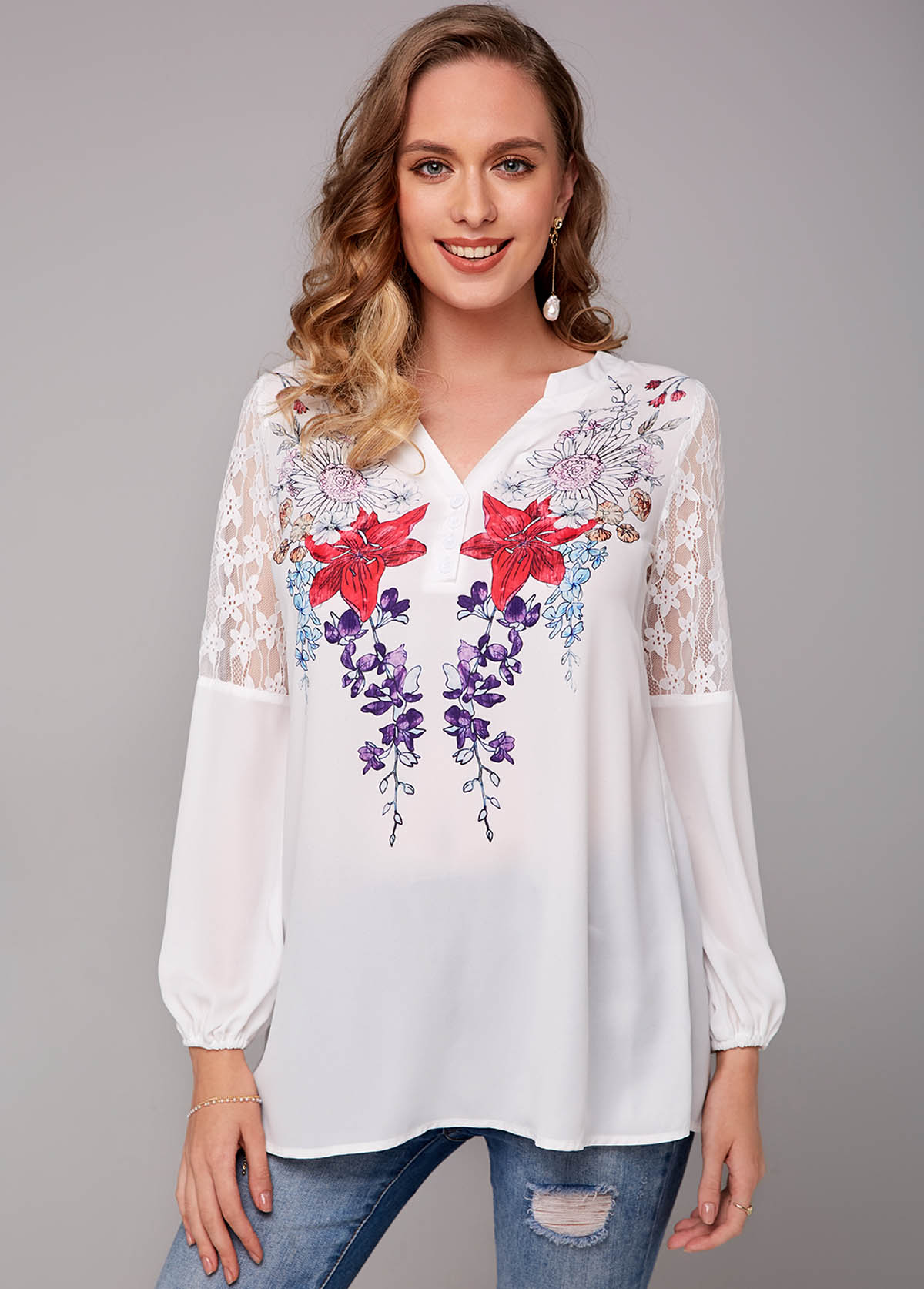Long Sleeve Lace Stitching Floral Print T Shirt