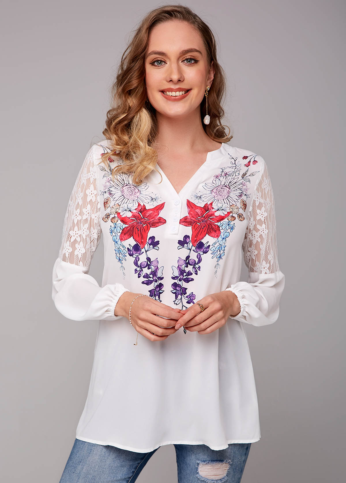 Long Sleeve Lace Stitching Floral Print T Shirt