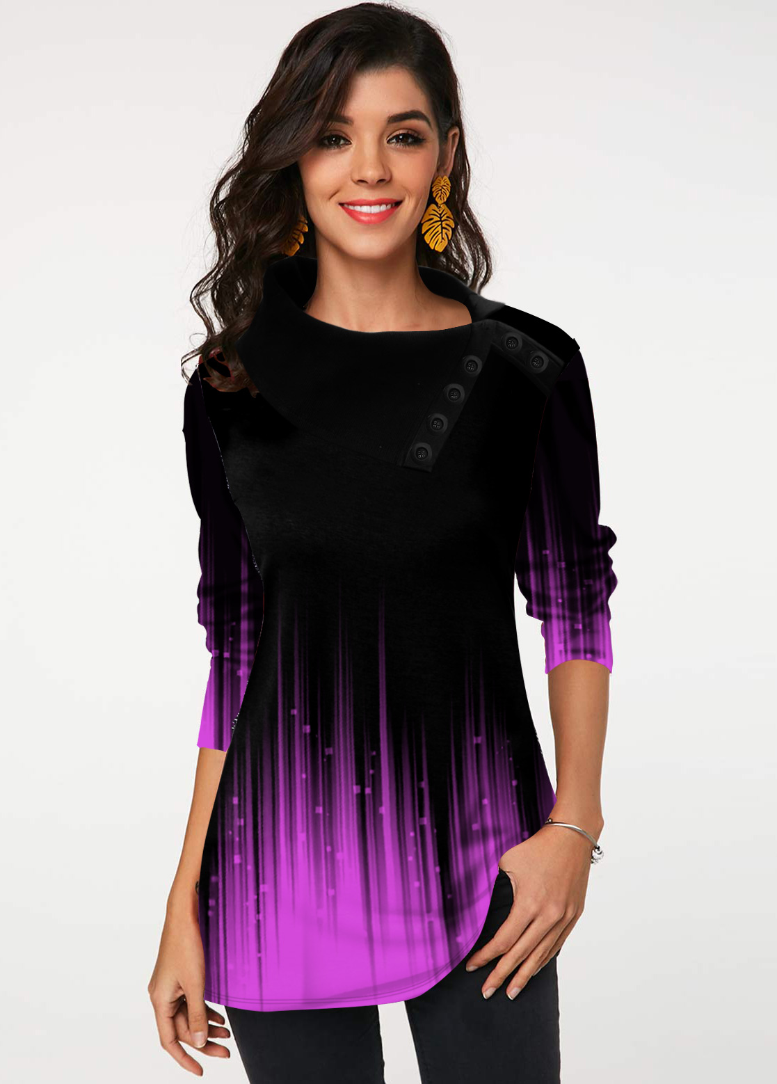 Gradient Long Sleeve Button Detail Tunic Top
